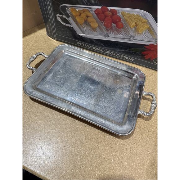 International Silver Serving Tray w/ 2 Glass Inserts NOS Incomplete Set - Picture 4 of 9